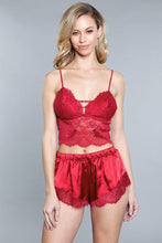 Load image into Gallery viewer, 2 Piece Lace Detail Croptop, Adjustable Straps And Satin With Inseam Lace Shorts
