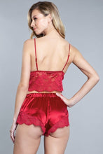 Load image into Gallery viewer, 2 Piece Lace Detail Croptop, Adjustable Straps And Satin With Inseam Lace Shorts
