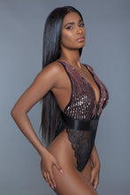 Load image into Gallery viewer, 1 Pc. Cut-out Lace Bottoms With Raspberry-pink Sequins Plunging Sheer Neckline
